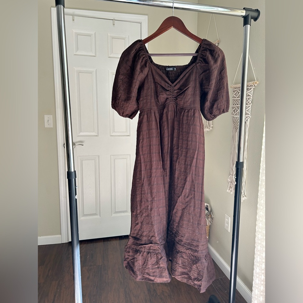 Brown Plaid Midi Dress Puff Sleeves, smoked back, sweetheart neckline - Picture 4 of 5